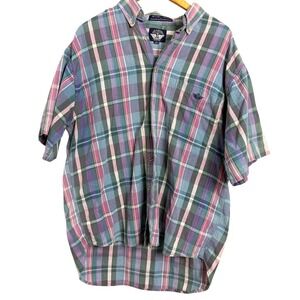 Dockers Plaid Short Sleeve‎ Button Up Shirt Mens Large Green Pink Blue